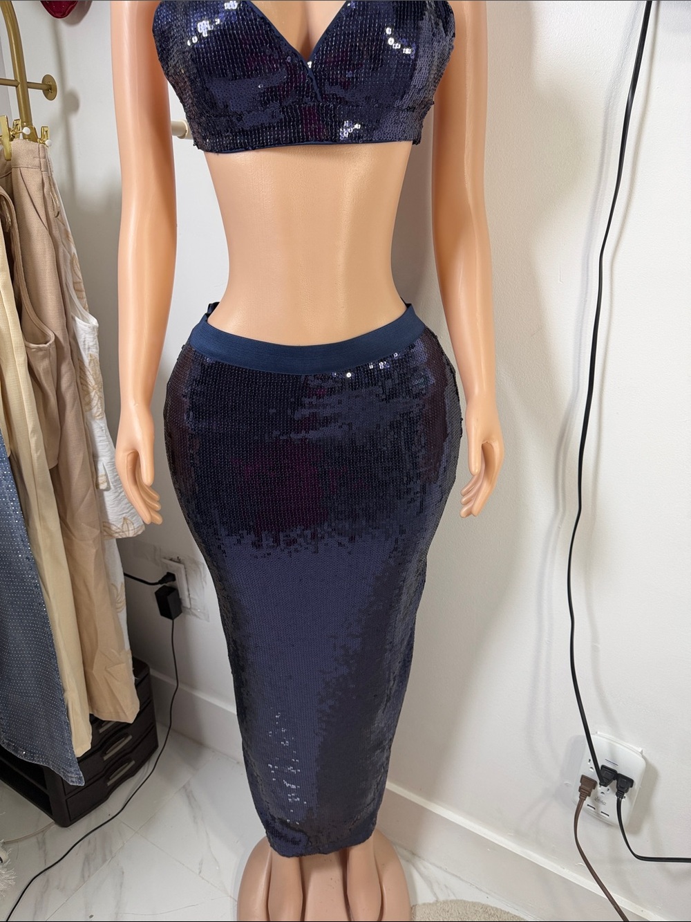 Sequin Pencil Skirt in Navy - Sleek Evening Style